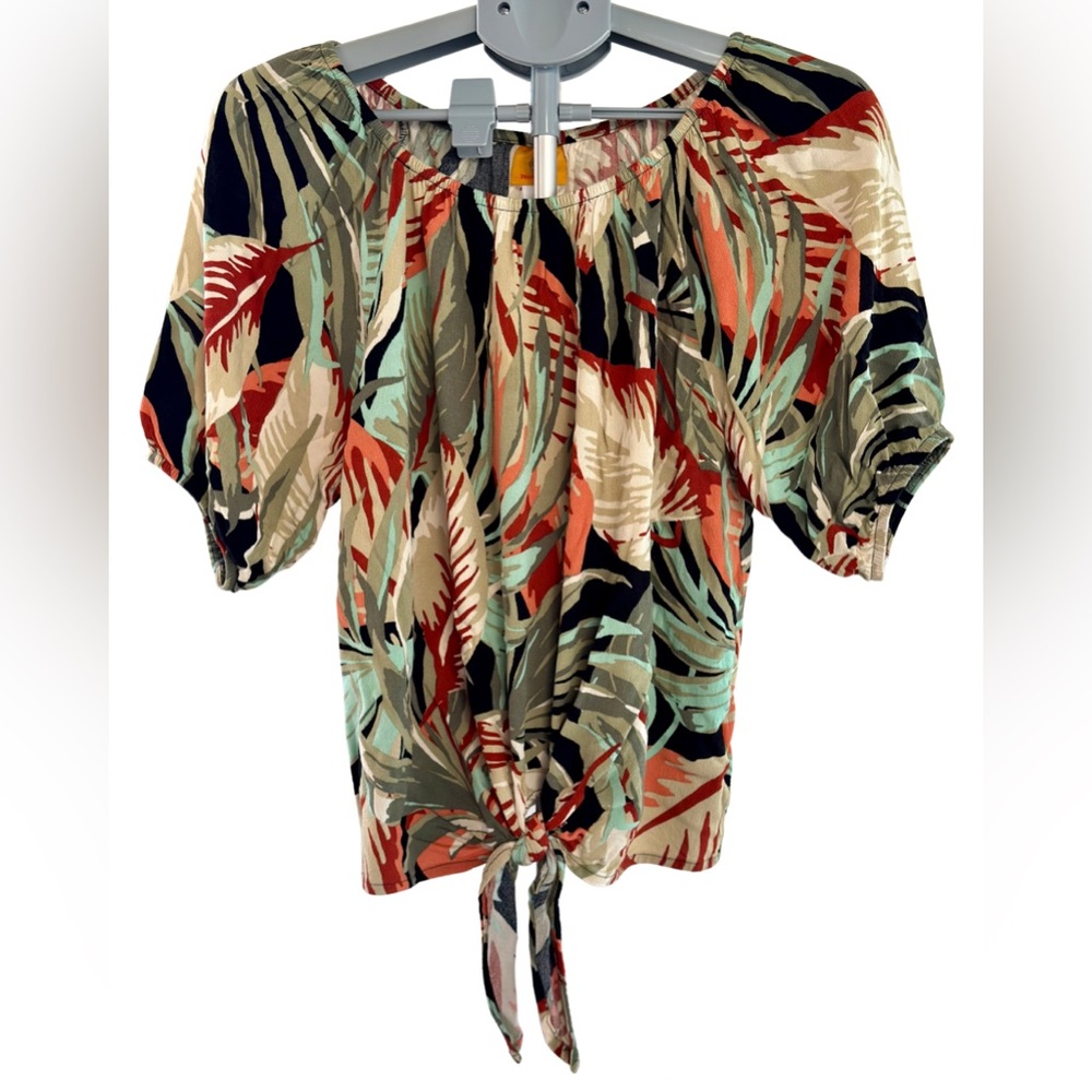Ruby Rd Tropical Tie Front Blouse Leaf Print Puff Sleeve Top